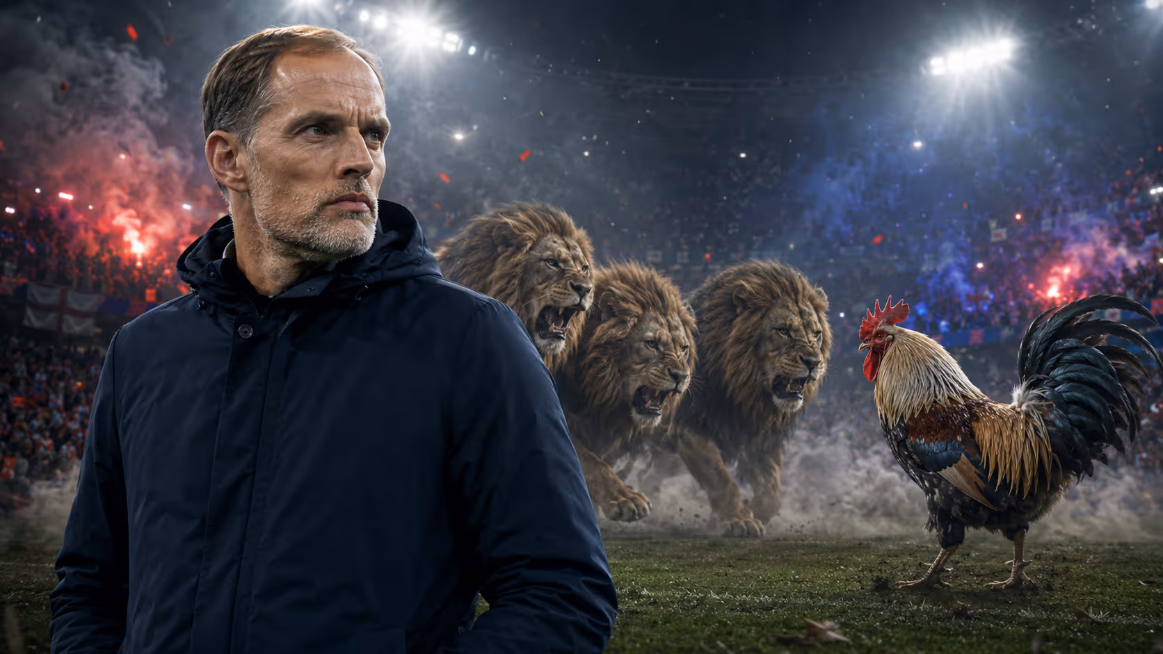 Kleines Finale: Three Lions rupfen den gallischen Hahn | Symbolbild KI-generiert © 2026 EMH AG JS by OpenAI 5.5